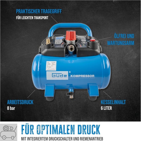 Güde Kompressor mit 6 Liter Kesselinhalt, 8 bar Arbeitsdruck, ölfrei und wartungsarm, mit Tragegriff und integriertem Druckschalter.