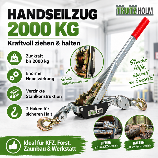 Trutzholm Handseilzug mit 2000 kg Zugkraft, verzinkter Stahlkonstruktion, robuster Ratschenmechanik und zwei Haken für Werkstatt, Kfz und Forst.
