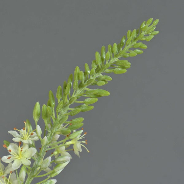 Künstlicher Blütenstiel mit grünen Knospen und weißen Blüten in der Detailansicht.