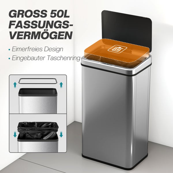 Mülleimer aus Edelstahl mit 50 Liter Fassungsvermögen, eimerfreies Design mit integriertem Ring für Müllbeutel.