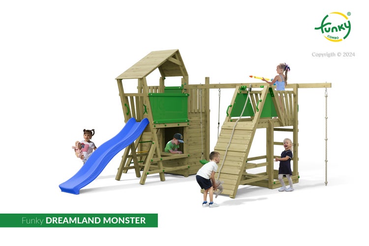 Spielturm aus Holz Funky Combo Dreamland Monster mit einer blauen Wellenrutsche, Kletterrampe mit Seil, Spielhaus mit Dach und Schaukelvorrichtung.