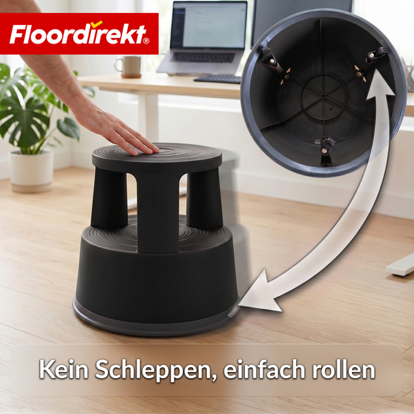 Mobiler Tritthocker aus Kunststoff mit zwei Stufen und Rollen für einfaches Verschieben. Floordirekt Logo.