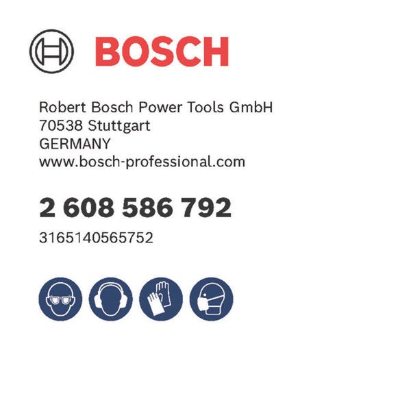 Bosch Logo. Adresse Robert Bosch Power Tools GmbH. Kontaktdaten. Symbole für Augenschutz, Gehörschutz, Handschutz und Atemschutz.