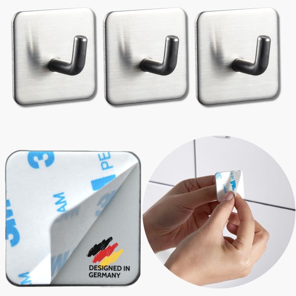 Drei selbstklebende Wandhaken aus gebürstetem Edelstahl mit quadratischer Basis und 3M-Klebestreifen, Designed in Germany.