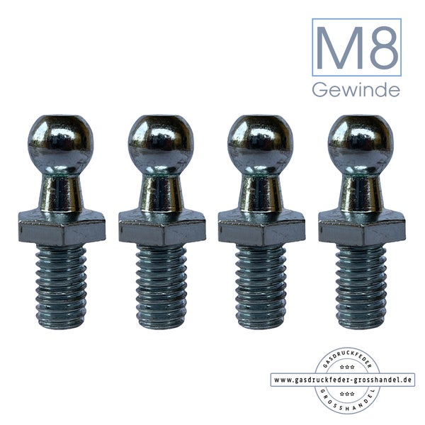 Vier Kugelzapfen aus Metall mit M8 Gewinde für Gasdruckfedern und Gasdruckfeder Grosshandel Logo.