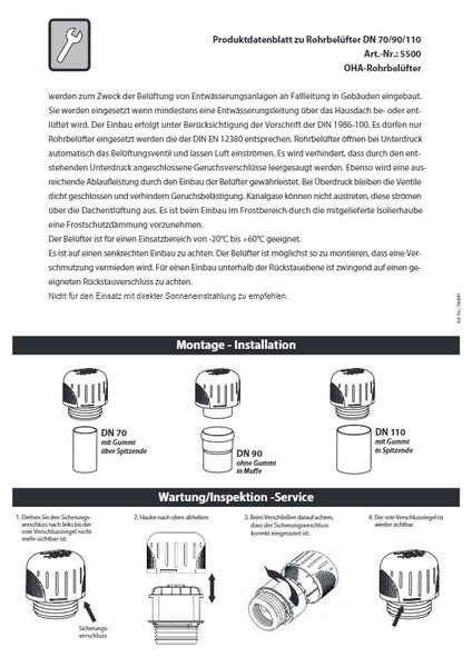HAAS® Rohrbelüfter DN 70/90/110 nach DIN EN 12380, 28 l/s mit Frostschutzhaube, 5500