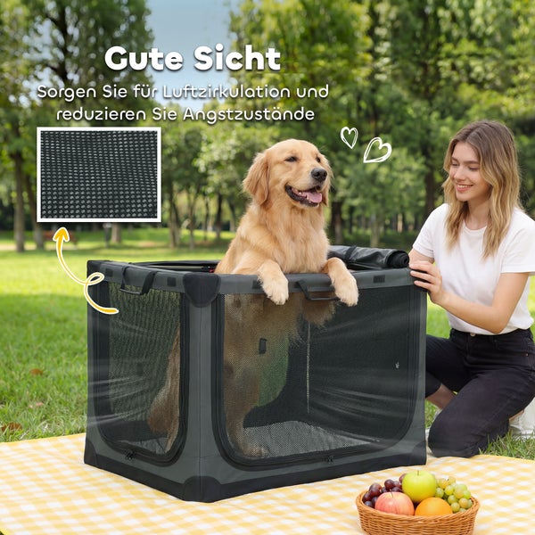 Faltbare Hundetransportbox aus Mesh mit Golden Retriever im Freien. Detailansicht des atmungsaktiven Materials für gute Sicht und Luftzirkulation.
