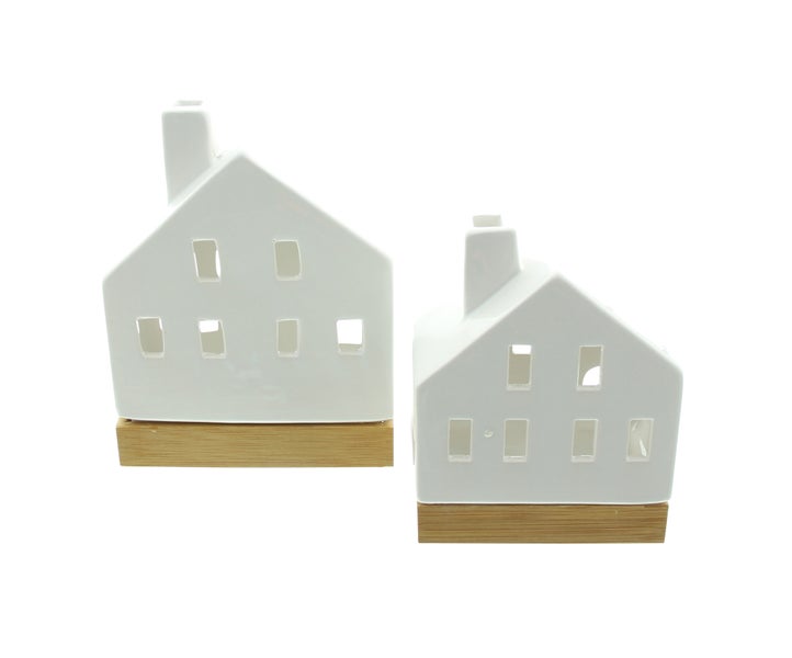 FRANK FLECHTWAREN | LED-Haus White, 2er Set, PORZELLAN, HOLZ, KUNSTSTOFF, 11,5 x 6,5 x 13,5 cm, 13 x 6,5 x 17 cm