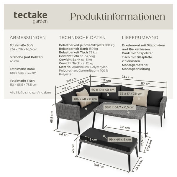 Rattan Lounge tectake Pula mit Sicherheitsglasplatte mit Aluminiumgestell grau