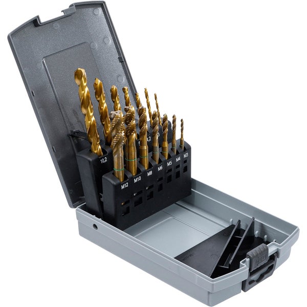 Bohrer und Gewindebohrer Set in einer grauen Kunststoffbox