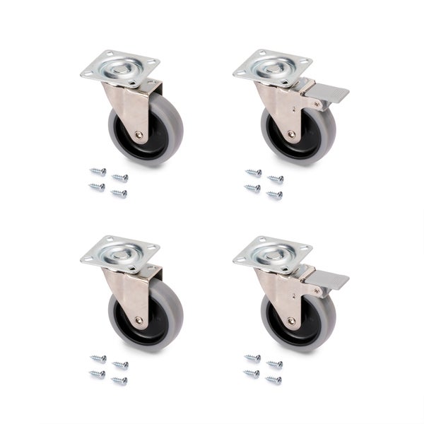 Set aus 4 Lenkrollen, zwei mit Feststeller, inklusive Befestigungsschrauben aus Metall und Kunststoff.