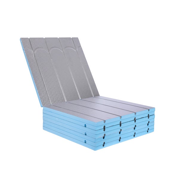 Faltbare blaue Dämmplatten aus Polystyrol für die Bodenisolierung mit silberner reflektierender Beschichtung.