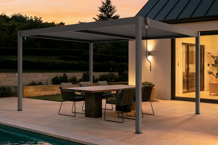 Pergola bioklimatisch aus Aluminium PIANA 388 x 298 x 218 cm selbsttragende - mit isolierten  verstellbares Lamellendach, taupefarbenem