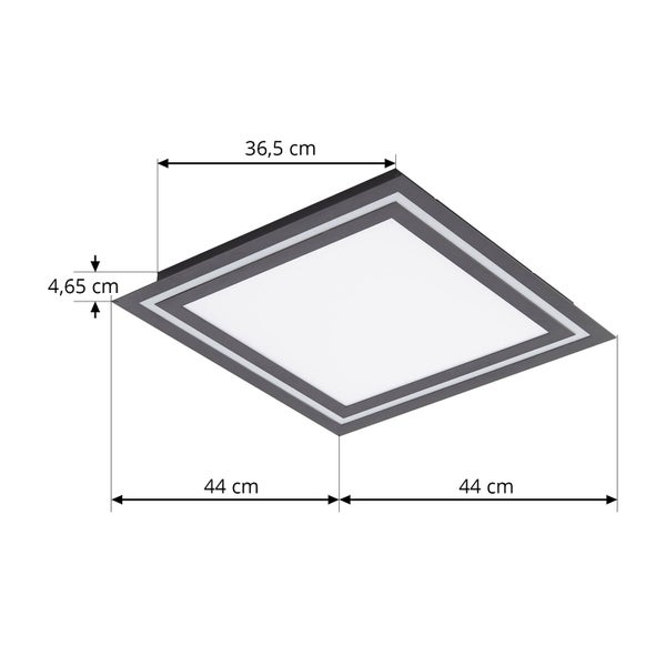 Quadratische LED-Deckenleuchte mit den Maßen 44 Zentimeter mal 44 Zentimeter und einer Höhe von 4,65 Zentimeter.