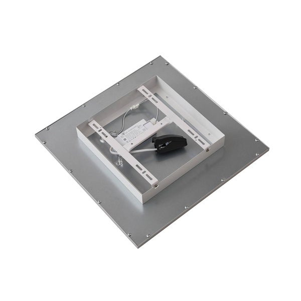 Rückansicht eines quadratischen LED-Panels mit Montagehalterung, LED-Treiber und Anschlusskabeln.