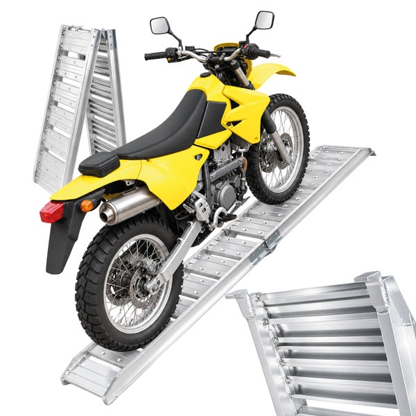 Auffahrrampe aus Aluminium für Motorräder, verwendet zum Verladen eines Motorrads auf eine Ladefläche.