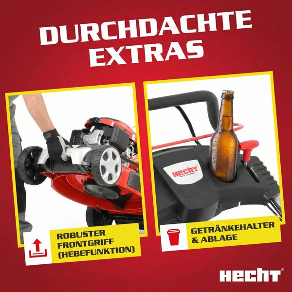 Hecht Rasenmäher mit robustem Frontgriff zur Hebefunktion und integriertem Getränkehalter mit Ablage. Hecht Logo.