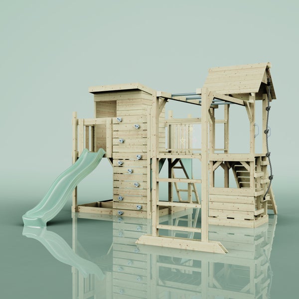 Holzspielturm mit Rutsche, Kletterwand, Leiter und Schaukelgerüst