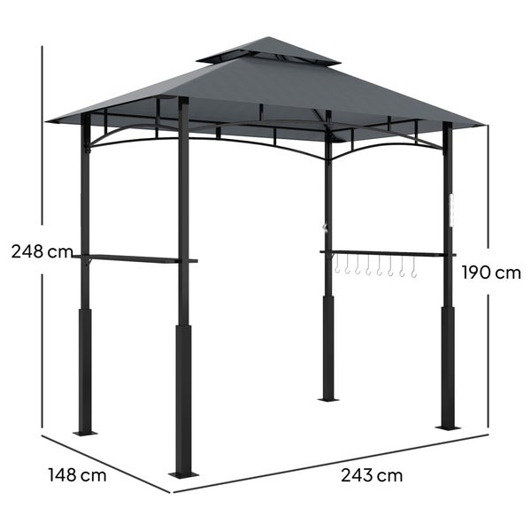 Outsunny Grillpavillon mit LED 243 x 148 x 248 cm wasserdicht flammhemmend Gartenpavillon mit Doppeldach,Seitenregalen, Gartenlauben mit UV-Schutz, BBQ Pavillon aus Metall Grillzelt für Party BBQ Grau