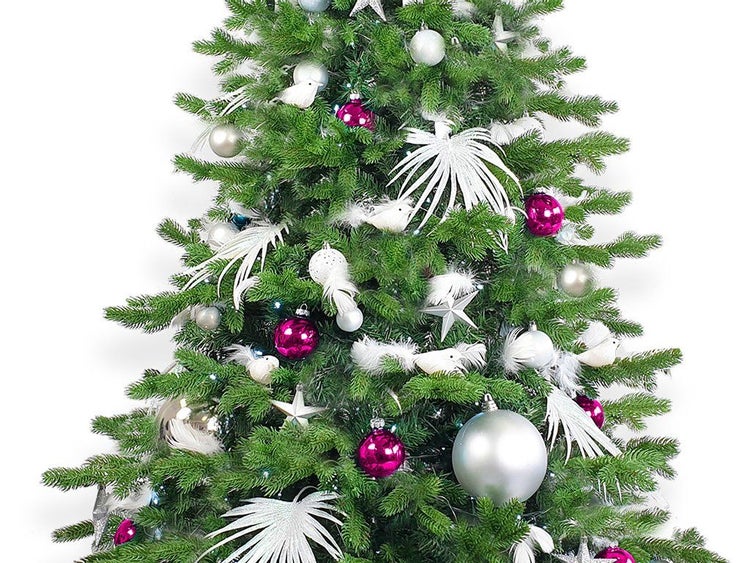 Geschmückter Weihnachtsbaum mit Kugeln, Federschmuck und Sternen als festliche Weihnachtsdekoration.