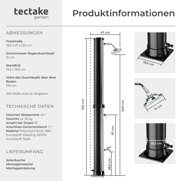 Produktinformationen Solardusche mit Abmessungen