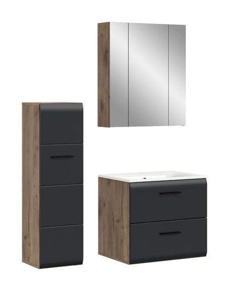 Badezimmermöbel-Set in Eiche-Optik und Anthrazit, bestehend aus Spiegelschrank, Waschbeckenunterschrank mit Waschbecken und einem Hochschrank.