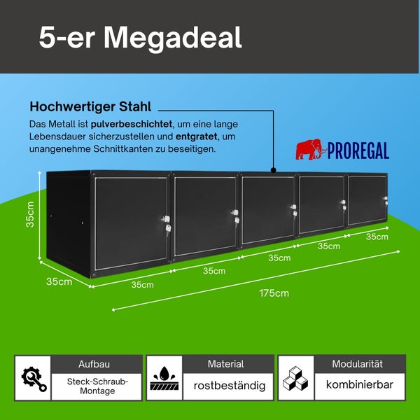 Proregal Logo. 5er-Set Spindwürfel aus pulverbeschichtetem Stahl, 175 mal 35 mal 35 Zentimeter, rostbeständig und modular.