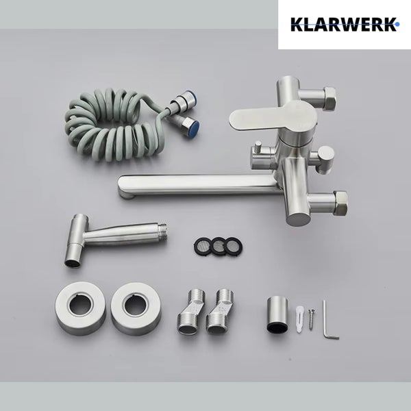 MAX | Gastronomie Mischbatterie Wandmontage Armatur Silber | Profi Küchenarmatur Edelstahl mit Handbrause | Wasserhahn Restaurant Wand flacher Auslauf