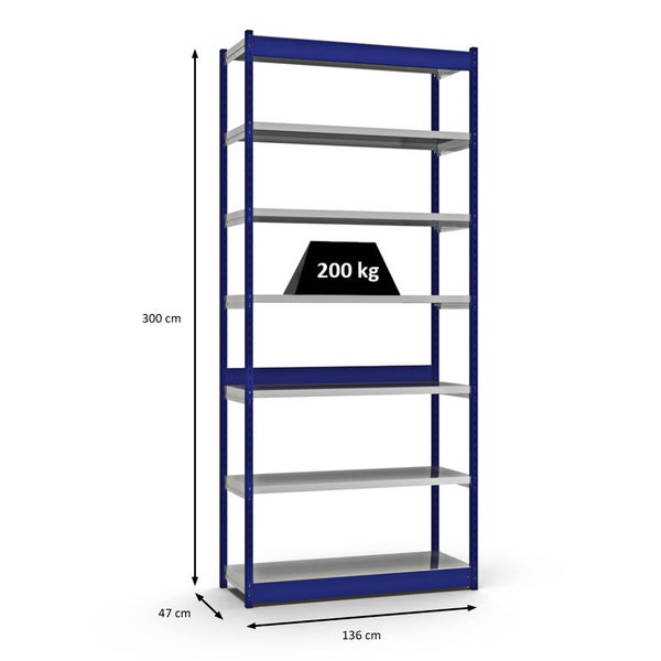 PROREGAL Fachbodenregal Stecksystem Vierkant-Profil Grundregal HxBxT 300 x 132,5 x 40 cm 7 Ebenen Einseitige Bauart Fachlast 200 kg Enzianblau