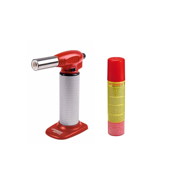 Rothenberger Industrial Mikrobrenner in Rot und Silber mit Standfuß und einer roten Gas-Nachfülldose.