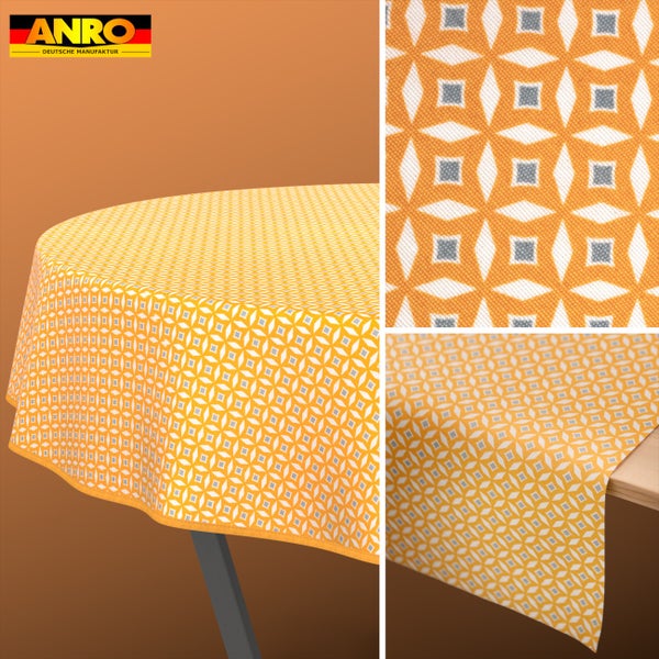 ANRO Logo. Abwaschbares Wachstuch mit geometrischem Muster in Orange, Weiß und Grau, für runde und eckige Tische geeignet.
