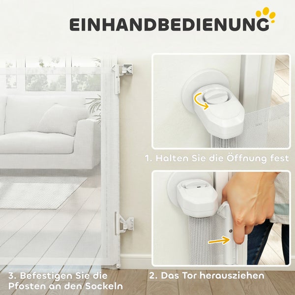 Ausziehbares Türschutzgitter mit Einhandbedienung. Gezeigt wird das Entriegeln, Herausziehen des Gewebes und Einhängen in die Halterungen.
