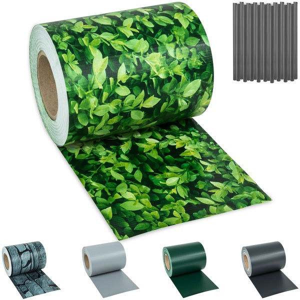Sichtschutzstreifen für Gittermattenzäune mit Hecken-Motiv sowie Auswahl an weiteren Farben und Mustern.
