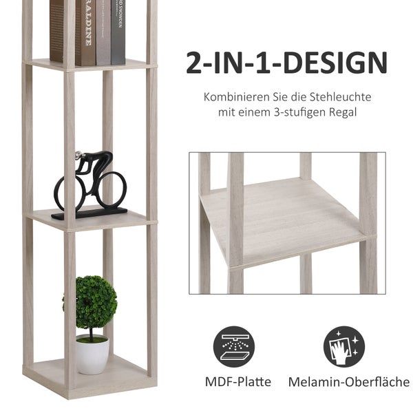 Stehlampe mit drei Ablageflächen und dem Hinweis MDF-Platte und Melamin-Oberfläche.