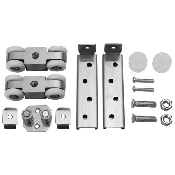 Set mit Rollwagen und Führungsschienen für Schiebetüren bestehend aus Metallteilen, Rollen und Befestigungsmaterial.