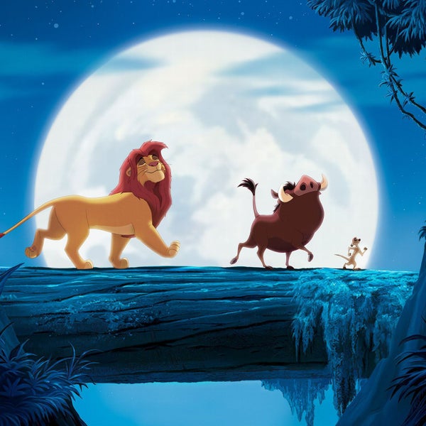 Zeichentrickdarstellung von Löwe, Warzenschwein und Erdmännchen vor einem großen Mond.