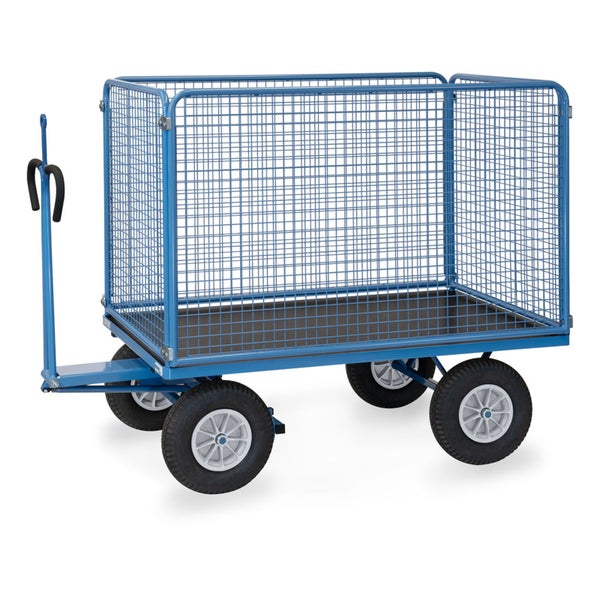 Blauer Gitterwagen aus Metall mit vier Rädern und einem Zuggriff für den Transport.