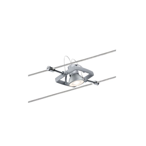 Strahler für Seilsystem aus Metall, schwenkbarer Leuchtenkopf, zur Montage an zwei parallelen Drahtseilen, Innenleuchte.