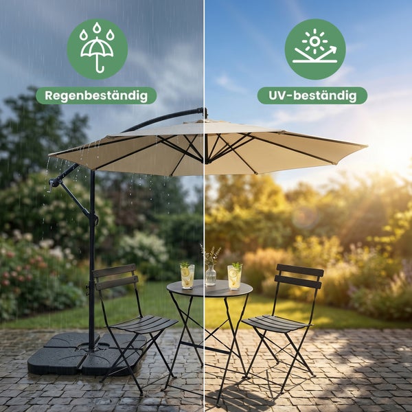 Beiger Ampelschirm auf Terrasse, regenbeständig und ultraviolettbeständig, inklusive Gartentisch und zwei Stühlen bei verschiedenen Wetterbedingungen.