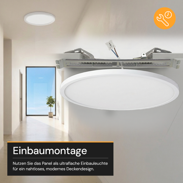 Rundes LED Panel für Einbaumontage in der Decke, ultraflaches Design, inklusive Montagehalterung und Symbol für einfache Installation.