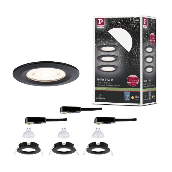Dreier-Set Paulmann Nova LED Einbaustrahler in Schwarz matt, Aluminium, GU10 flach, 4,9 Watt, 550 Lumen, warmweiß, Schutzart IP44.