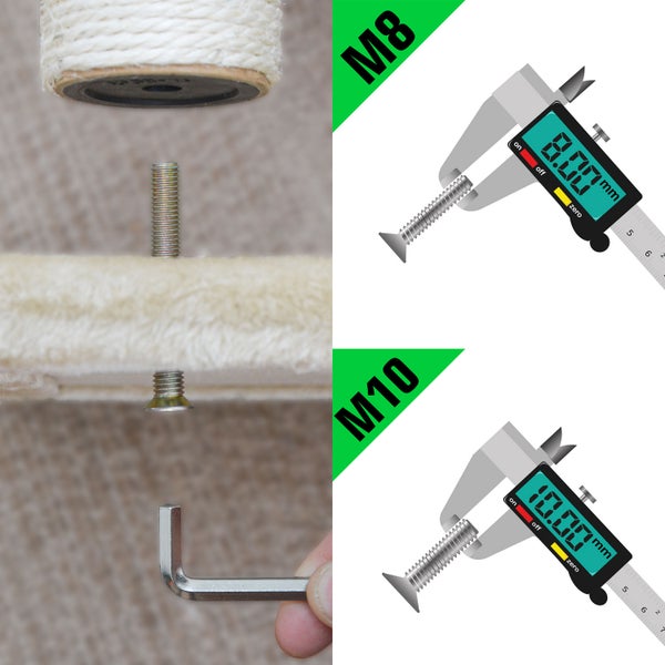 Anleitung zum Messen der Gewindegröße M8 mit 8 Millimeter und M10 mit 10 Millimeter für Kratzbäume mit einem digitalen Messschieber.