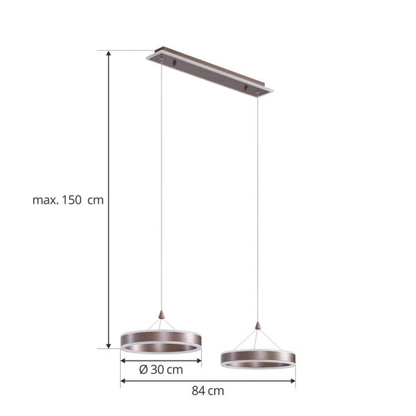 LED-Pendelleuchte mit zwei ringförmigen Elementen, maximale Höhe 150 Zentimeter, Breite 84 Zentimeter, Durchmesser der Ringe 30 Zentimeter.