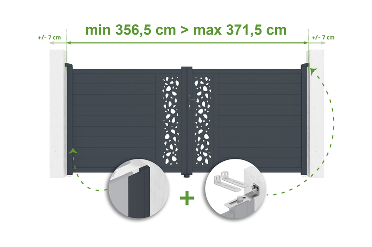 Doppelflügeltor mit den Massen minimal 356,5 cm bis maximal 371,5 cm