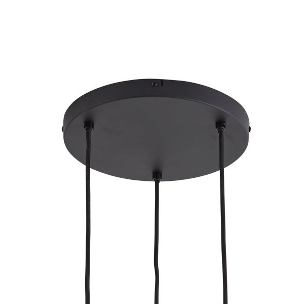 Schwarzer runder Deckenbaldachin für Pendelleuchten mit drei Kabelauslässen.
