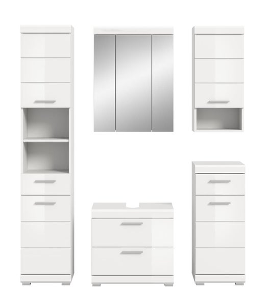Badmöbel-Set in Weiß bestehend aus Hochschrank, Spiegelschrank, Waschbeckenunterschrank, Hängeschrank und Beistellschrank mit Metallgriffen.