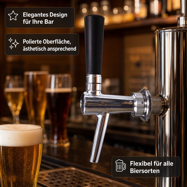 Bierzapfhahn mit polierter Oberfläche und Griff in einer Bar mit Biergläsern im Hintergrund.