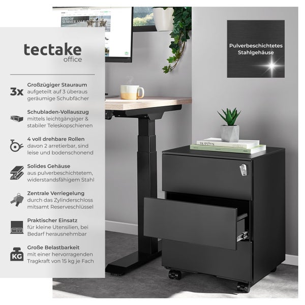 Schwarzer Rollcontainer mit drei Schubladen von tectake unter einem höhenverstellbaren Schreibtisch.