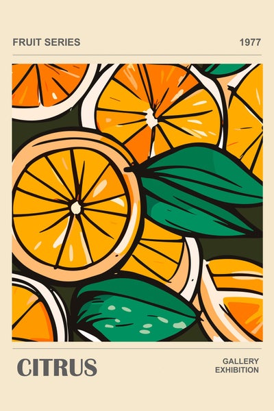 Wandbild mit stilisierter Darstellung von aufgeschnittenen Orangen und Blättern im Kunststil der siebziger Jahre