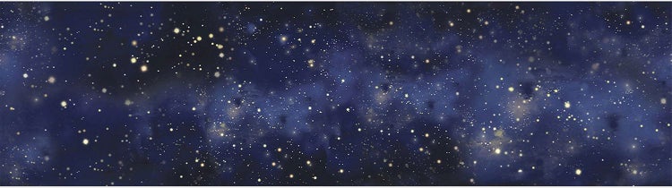 Tapetenbordüre mit Weltraummotiv in einem hellen Schlafzimmer mit Bett, Nachttisch und kleinen Zimmerpflanzen.